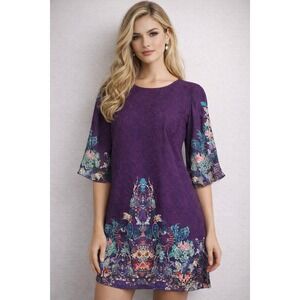 Grace Karin Purple Paisley Floral Bell Sleeve Shift Dress 2XL New